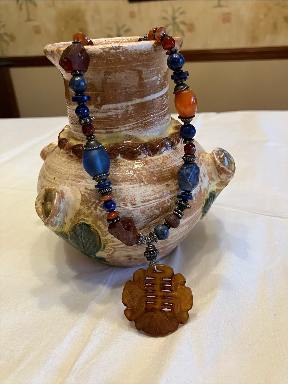 VINTAGE CHINESE CARVED PENDANT WITH ALL GEMSTONE CHAIN